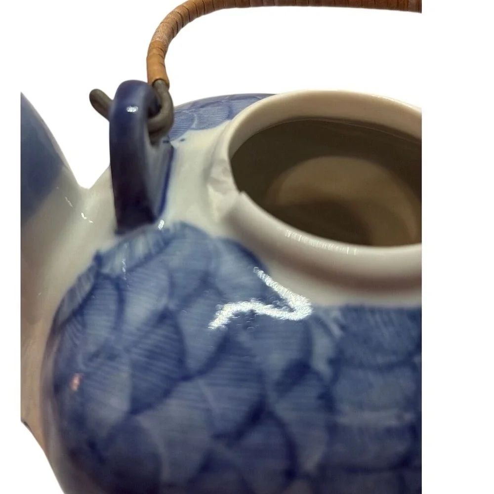 Blue White Porcelain Duck Teapot Hand Painted Chinoiserie Wicker Handle Vintage